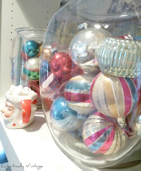 Vintage shiny brite ornaments - love the way they are displayed!  kellyelko.com