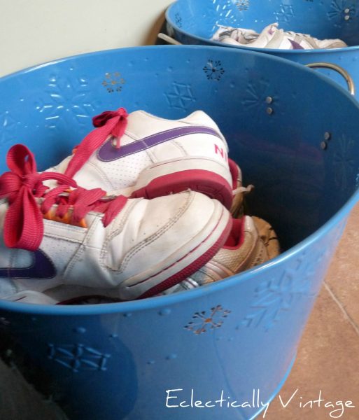 Metal bins - great shoe storage in this fabulous mudroom kellyelko.com