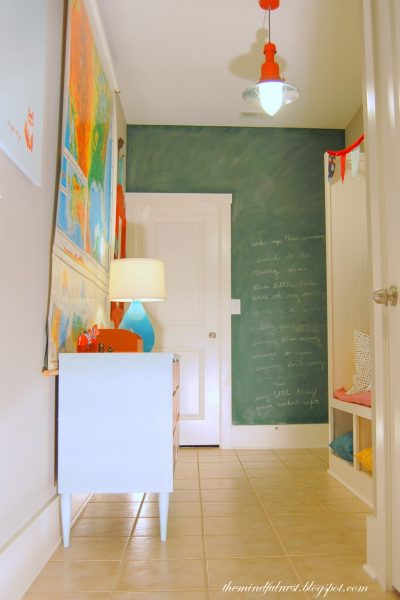 Bold mudroom with chalkboard wall 