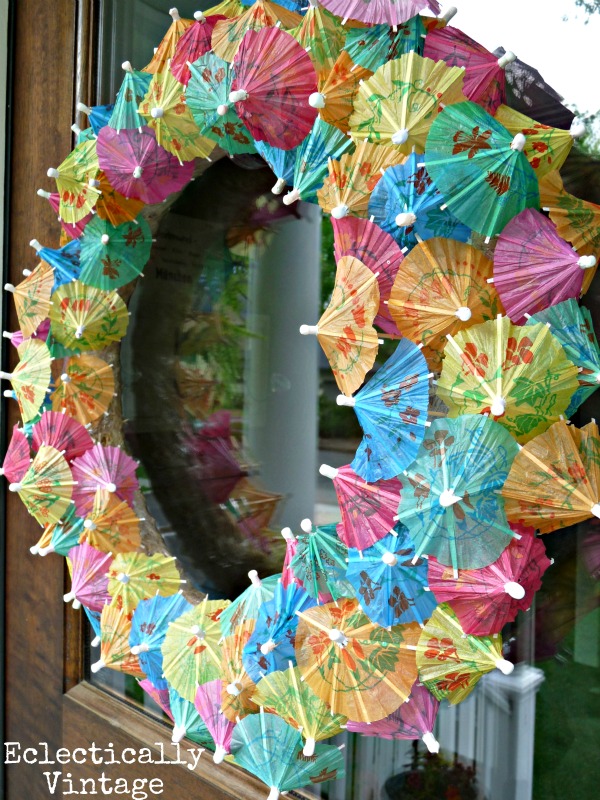 Make a Summer Cocktail Umbrella Wreath - how fun!  kellyelko.com