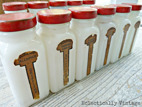 vintage art deco milk glass spice jars red lid
