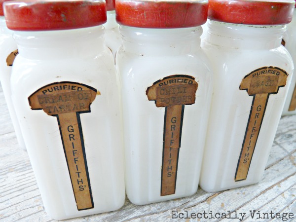 vintage milk glass spice jars red lid