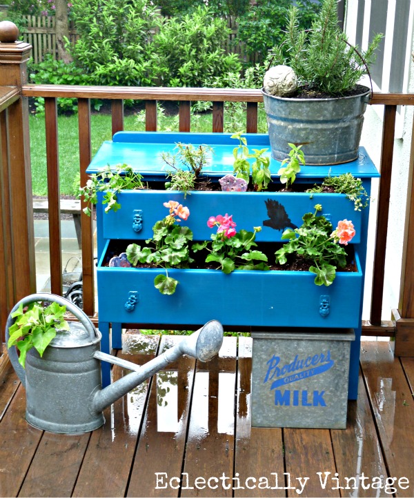 Dress Up Your Plants with a Dresser - create your own dresser planter for a bit of whimsy! kellyelko.com #planter #garden #gardens #gardener #greenthumb #landscape #landscaping #plants #diyideas #outdoors #outdoorideas #upcycle #thrifted #thrifty #repurpose #vintage #vintagedecor #farmhousedecor #kellyelko 