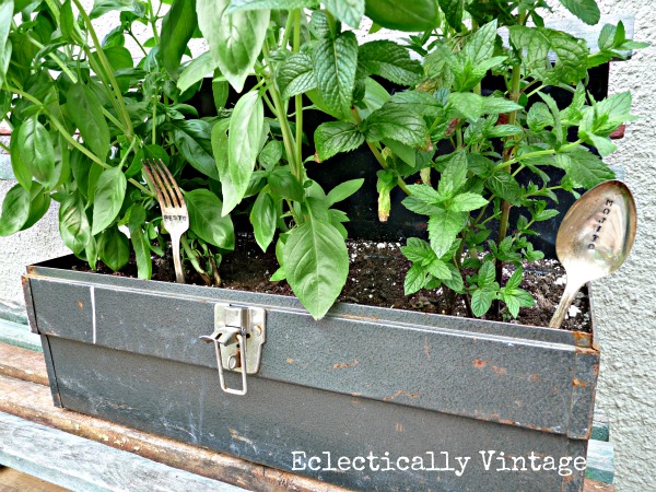 Toolbox Planter and stamped silver markers - how unique!  kellyelko.com