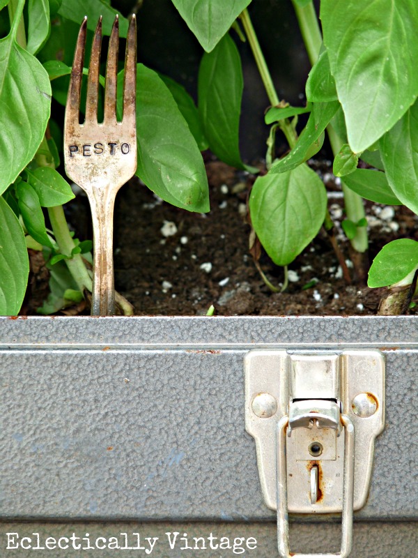 Toolbox Planter and stamped silver markers - how unique!  kellyelko.com