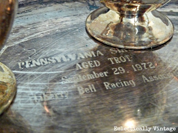 Engraved vintage silver platter - horse aged trot.  kellyelko.com