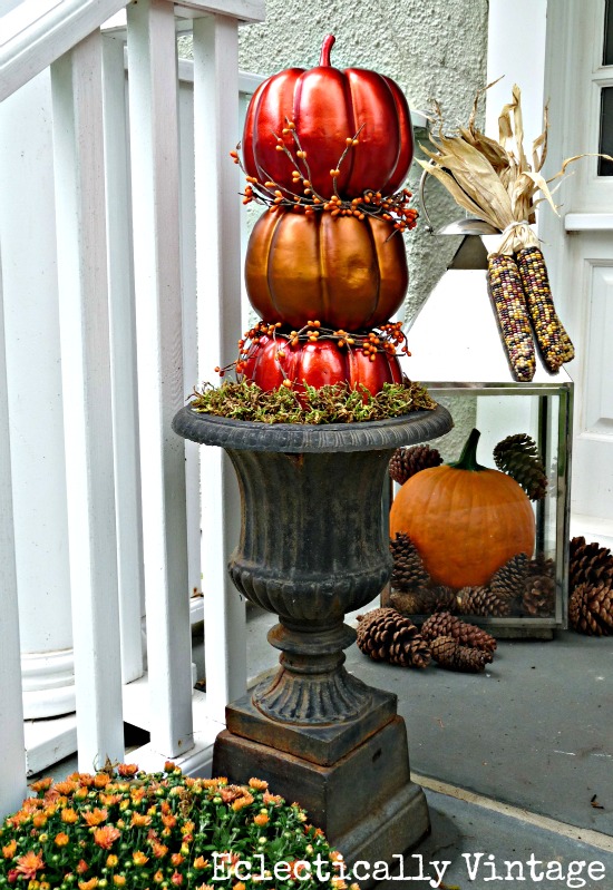 Fall Porch Decorating - tons of great DIY ideas here like these topiary pumpkins!  kellyelko.com