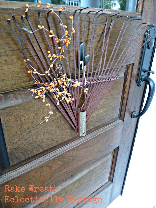 Fall Porch Decorating - tons of great DIY ideas here like this rake wreath!  kellyelko.com