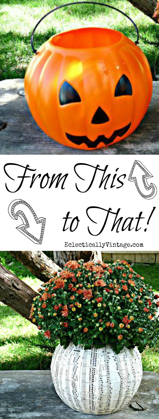 Plastic Pumpkin Ideas - turn an ugly plastic pumpkin pail into a fun planter - step by step directions kellyelko.com