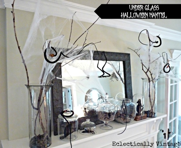 Under Glass Halloween Mantel Ideas - this is creepy crawly!  kellyelko.com