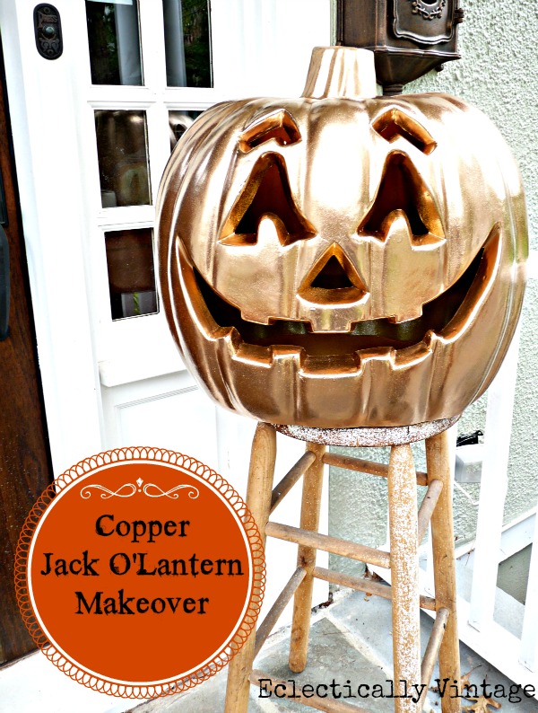 Halloween House Tour - tons of creative #Halloween decorations like this DIY copper pumpkin!  kellyelko.com