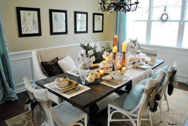 Vintage inspired dining room - love the mix of chairs and the settee!