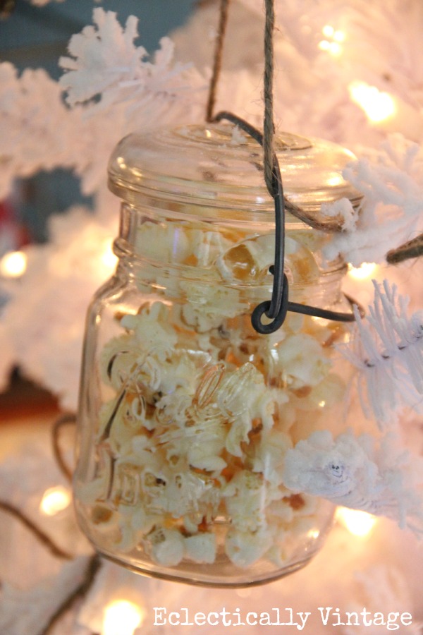 Popcorn filled Mason Jar Christmas Ornament kellyelko.com