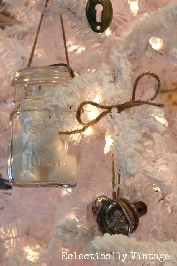 Christmas House Tours - step inside this 100 year old home filled with tons of fabulous decorating ideas like this mason jar ornament white tree!  kellyelko.com