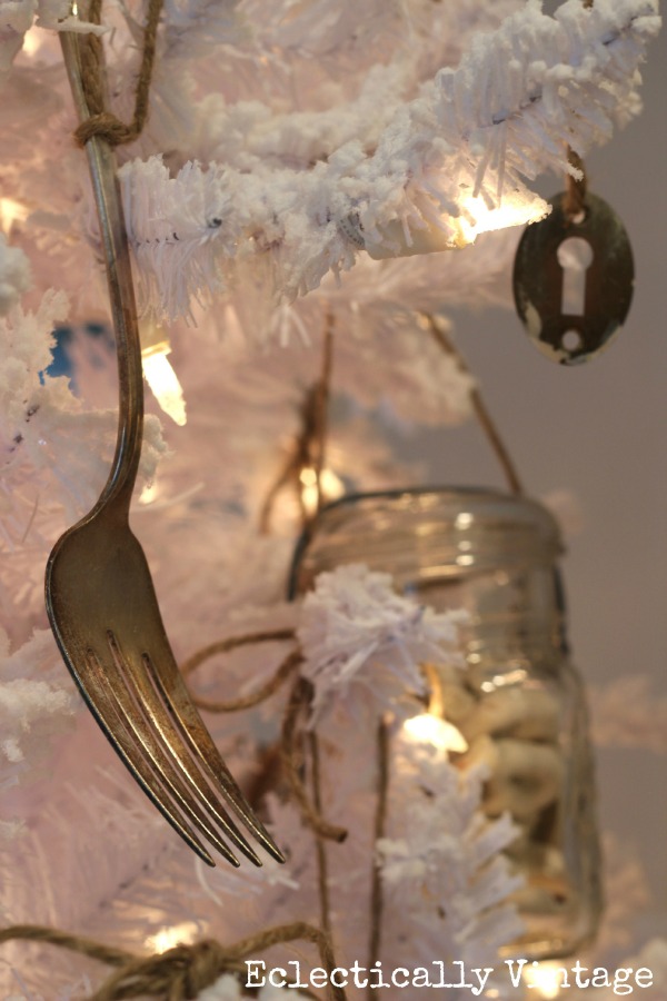 Vintage decorations on a white Christmas tree kellyelko.com