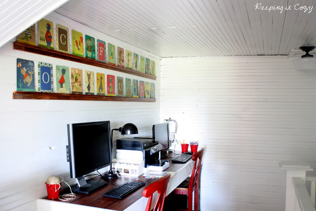 Simple farmhouse office - love the bookshelves