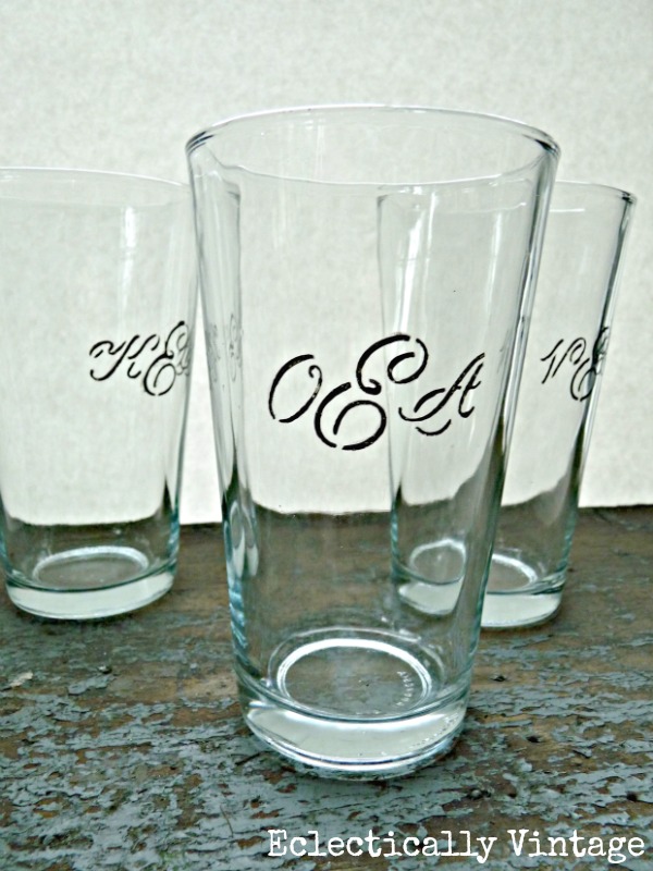 Dollar store monogrammed gifts - drinking glasses (great idea for every member of the family)!  kellyelko.com