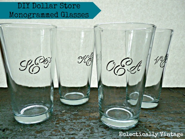 Dollar store monogrammed gifts - drinking glasses (great idea for every member of the family)!  kellyelko.com