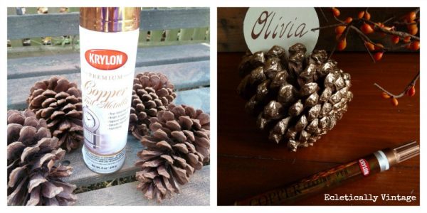 Make It:  Metallic Pinecone Crafts Place Setting - a bit of bling for your fall table kellyelko.com