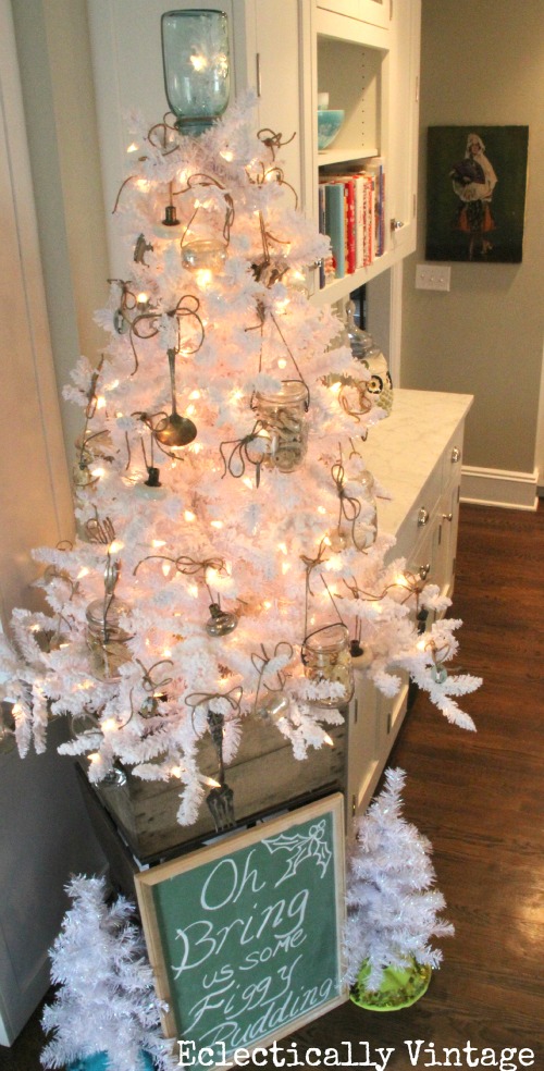 Christmas House Tours - step inside this 100 year old home filled with tons of fabulous decorating ideas like this mason jar ornament white tree!  kellyelko.com
