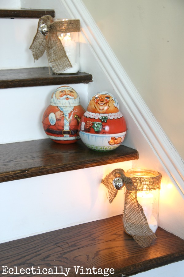 Christmas House Tours - step inside this 100 year old home filled with tons of fabulous decorating ideas like these snowy mason jar candles!  kellyelko.com