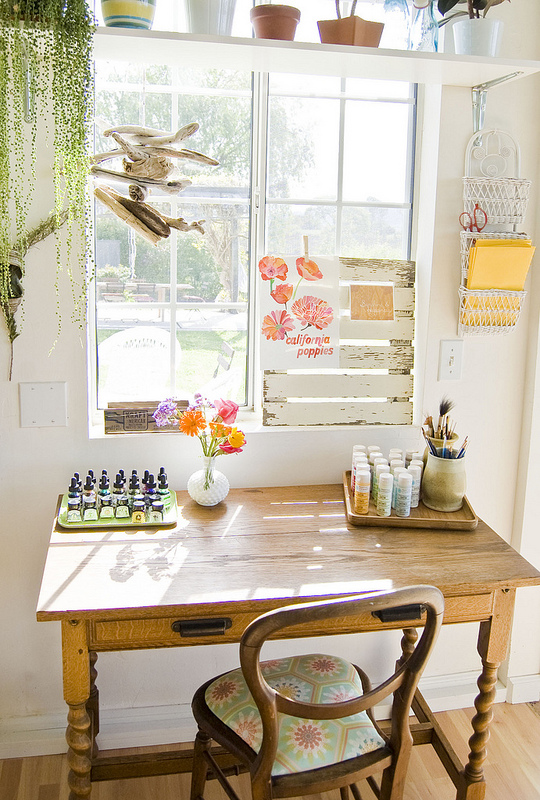 Such a cute little office nook - love the shelf over the window kellyelko.com