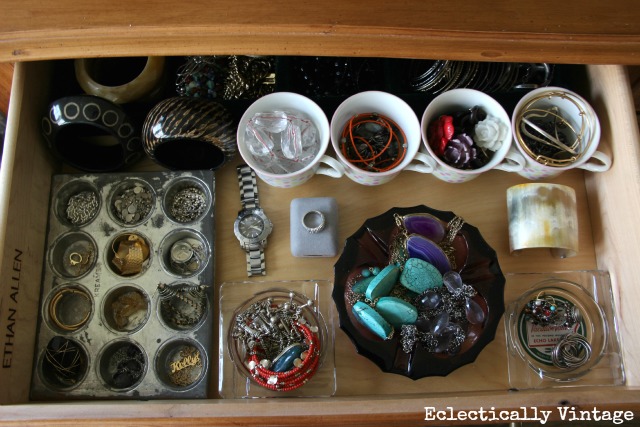 Vintage jewelry organizer - pretty ways to organize any junk drawer!  kellyelko.com