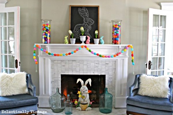 Spring Mantel with the cutest Easter egg garland you can make! kellyelko.com #spring #springcrafts #easter #eastercrafts #kidscrafts #crafting #crafts #diyideas #diyprojects #springmantel #springdecor