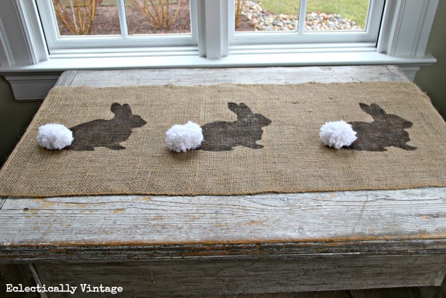 Make a Burlap Bunny Table Runner for Easter - with FREE graphic for stencil! kellyelko.com