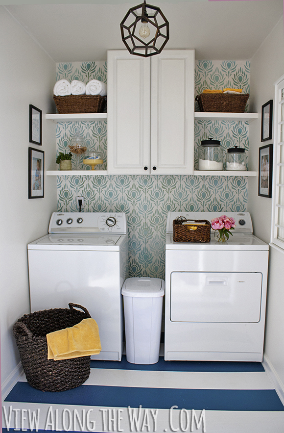 $157 Laundry Room Makeover - DIY's include light fixture, drying rack, painted vinyl floor, stenciled wall ... plus a great house tour!