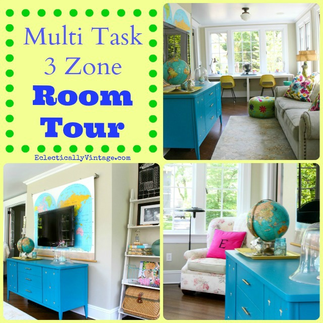 Gorgeous sunroom tour - divided into 3 zones - brilliant!  kellyelko.com