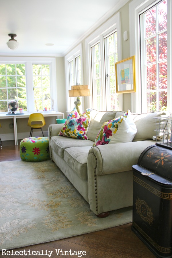 Gorgeous sunroom tour - divided into 3 zones - brilliant!  kellyelko.com