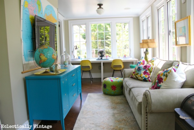 Gorgeous sunroom tour - divided into 3 zones - brilliant!  kellyelko.com