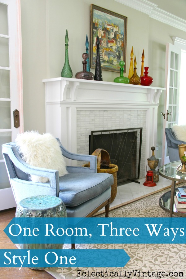 One Room - Three Ways! Check out 21 uniquely decorated rooms from 7 Fabulous Bloggers! kellyelko.com #livingroom #livingroomdecor #interiordecor #decorate #interiorstyling #mantel #manteldecor #vintagedecor #modernvintage 