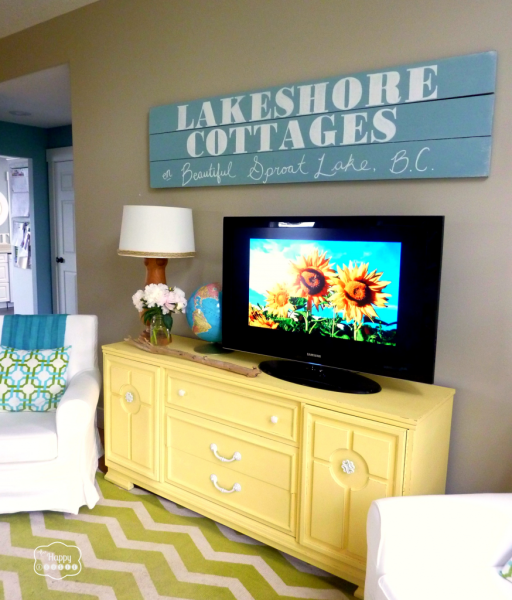 Colorful Lake House tour filled with tons of great DIY ideas!  Love that sign!