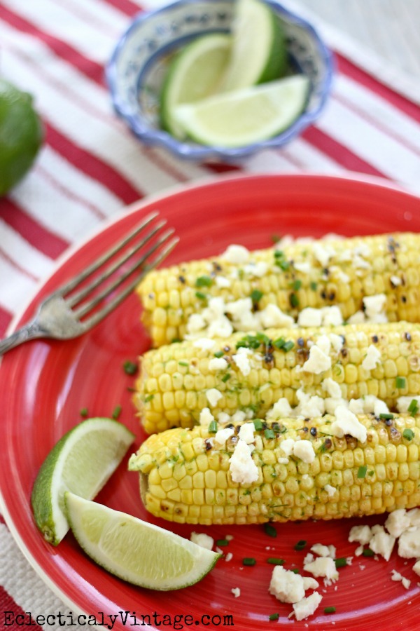 Grilled Mexican Corn on the Cob - great combo of flavors!  kellyelko.com 