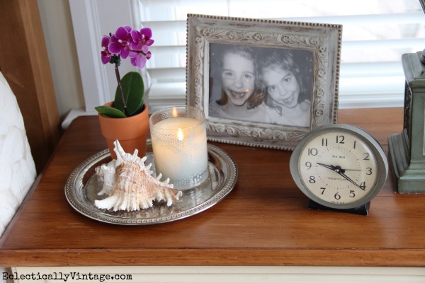 Nightstand decor - I love a tray to corral everything.  kellyelko.com