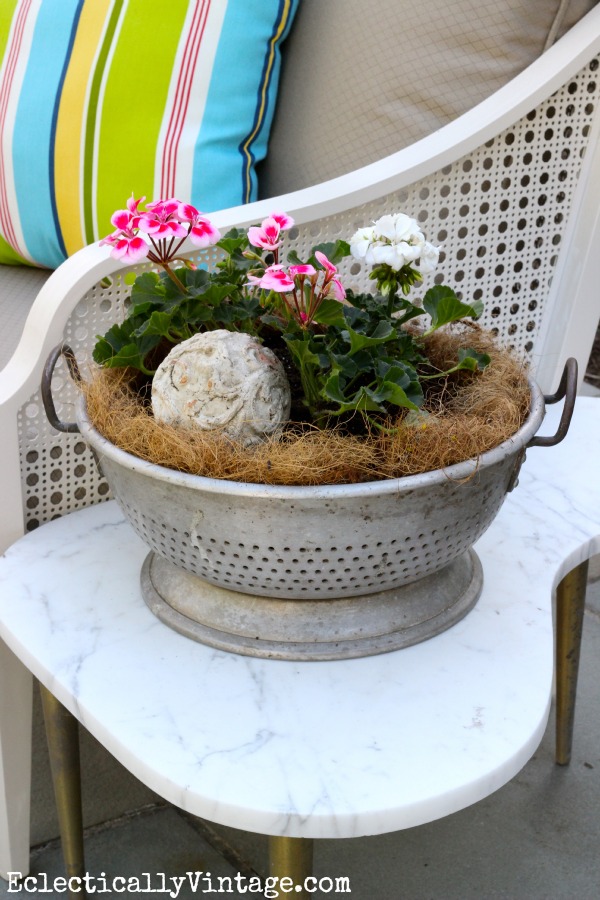 Get creative - vintage industrial colander container garden  One of many unique planters at kellyelko.com