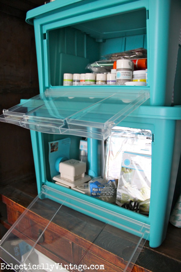 Craft Organizer - check out the genius way to organize your craft supplies so you can actually get to them when stacked!  kellyelko.com