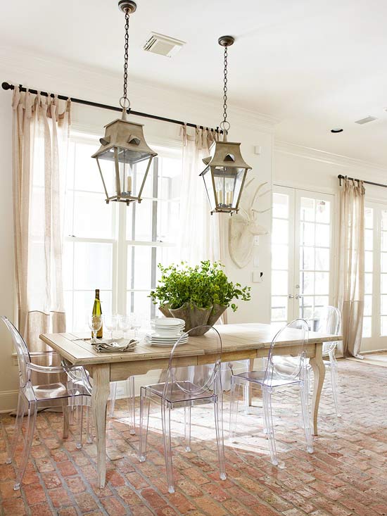 Ghost chairs with a rustic farm table - love the combination!  kellyelko.com