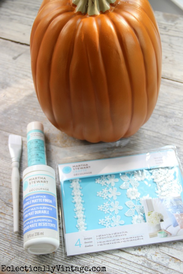 Lace Pumpkin Decoupage Supplies - you've got to see how cute this is!  #12monthsofmartha #marthastewartcrafts kellyelko.com