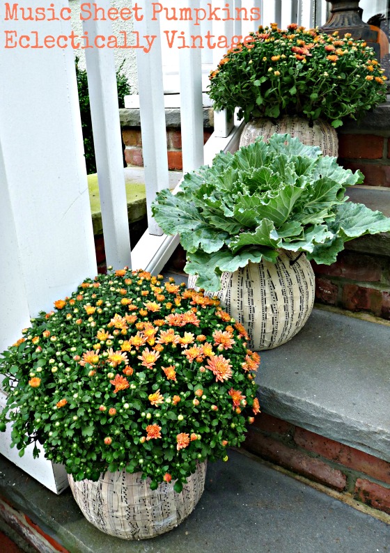 Fall Music Sheet Decoupage Planters - turn an ugly plastic pumpkin into this stunner!  kellyelko.com