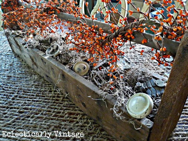 Rustic toolbox centerpiece - perfect for fall (and love all the treasures tucked inside)!  kellyelko.com