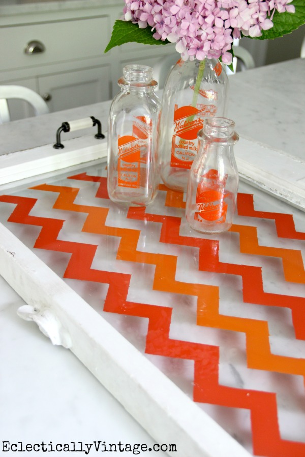 How to Make a Chevron Tray from an old window or piece of glass - the easy way (no special stencils needed)!  kellyelko.com