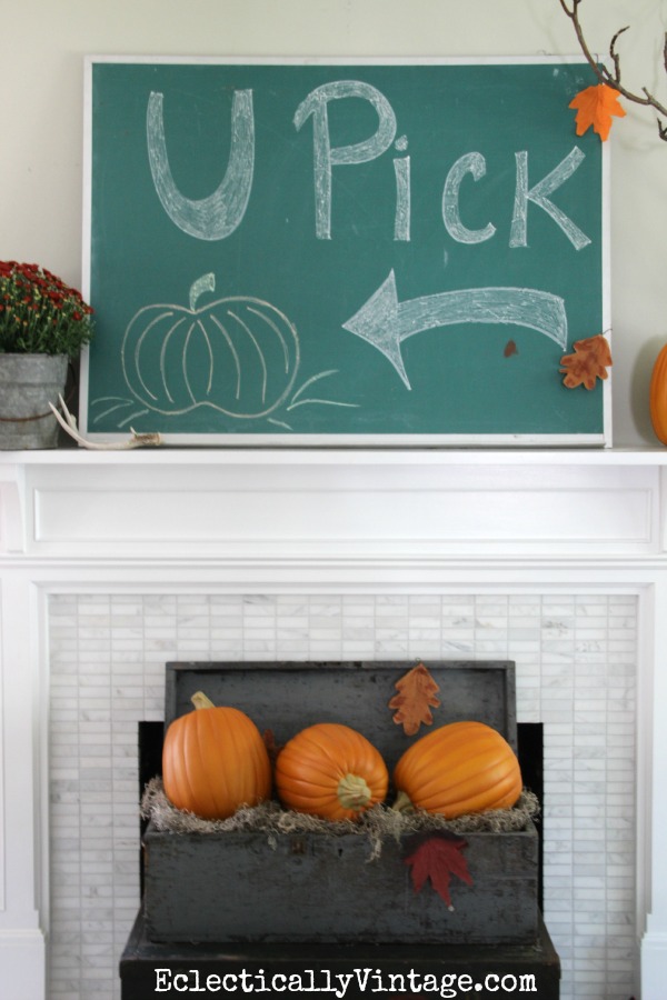 Vintage chalkboard mantel - so cute!  kellyelko.com