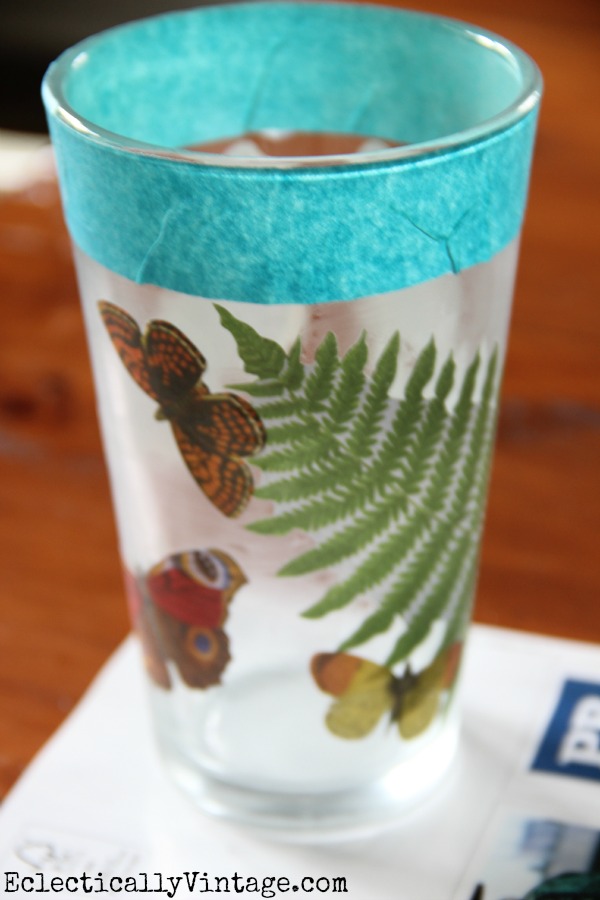 Decoupage on Glass DIY- this makes it waterproof and dishwasher safe!  kellyelko.com