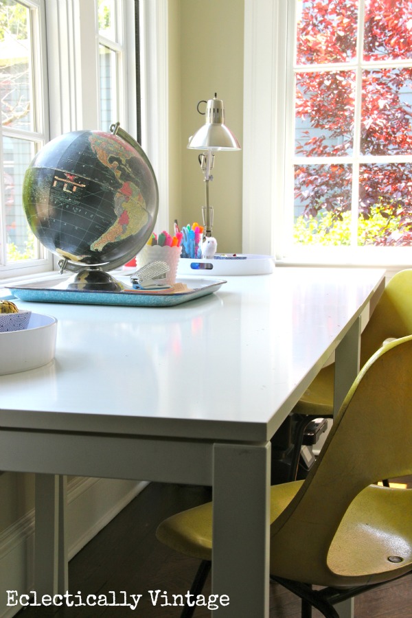 Fabulous desk idea - dining tables!  See more in this office/sunroom.  kellyelko.com