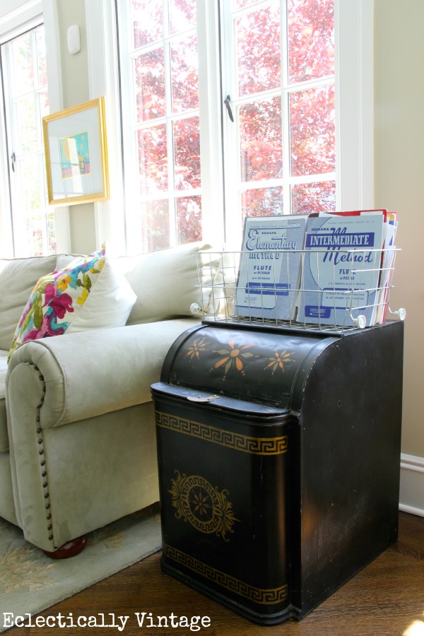 Vintage pieces (like this old coal bin) mixed into a fabulous sunroom.  kellyelko.com