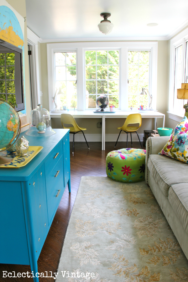 Sunny sunroom - love the colors, layout and vintage pieces!  kellyelko.com