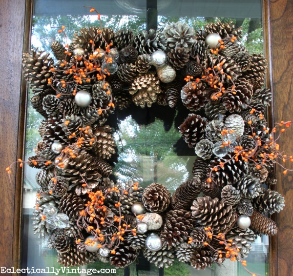 Pinecone Wreath and more simple fall decorating ideas kellyelko.com